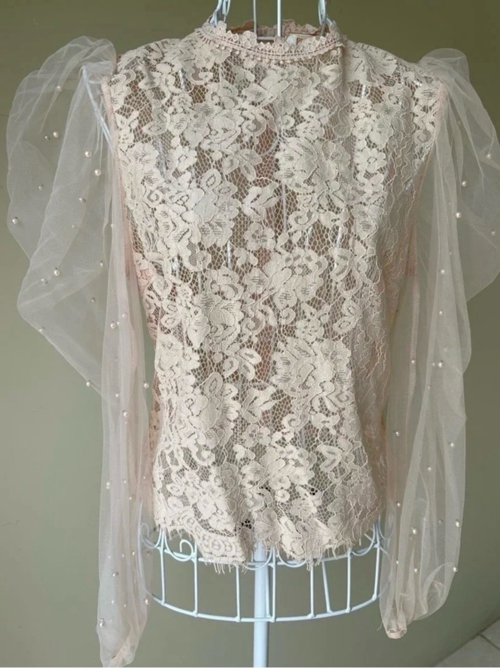 Peach Couture Sheer Pearl-Embellished Lace Blouse in Blush Cream